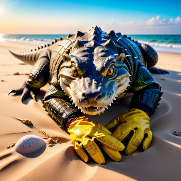 Photo d'un alligator dans un gants sur la plage