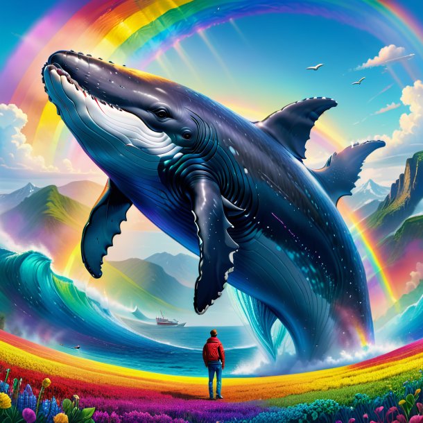 Drawing of a whale in a jeans on the rainbow