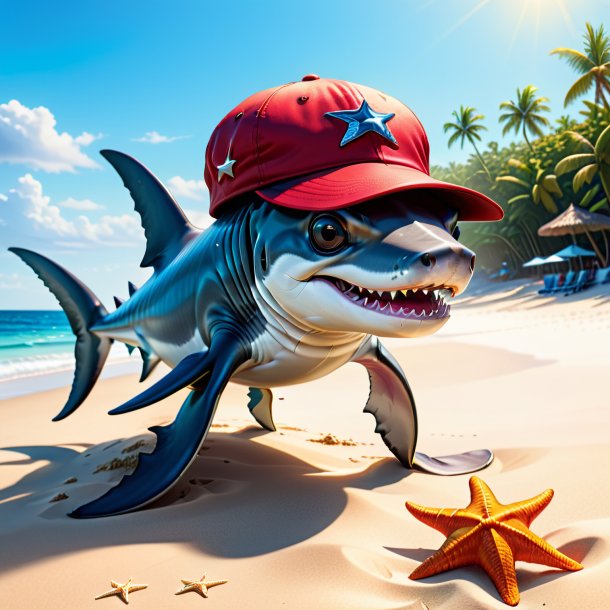 Illustration of a hammerhead shark in a cap on the beach