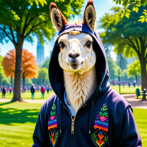 Imagem de uma lhama em um hoodie no parque