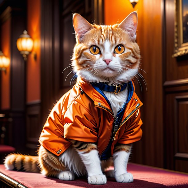 Pic of a cat in a orange jacket