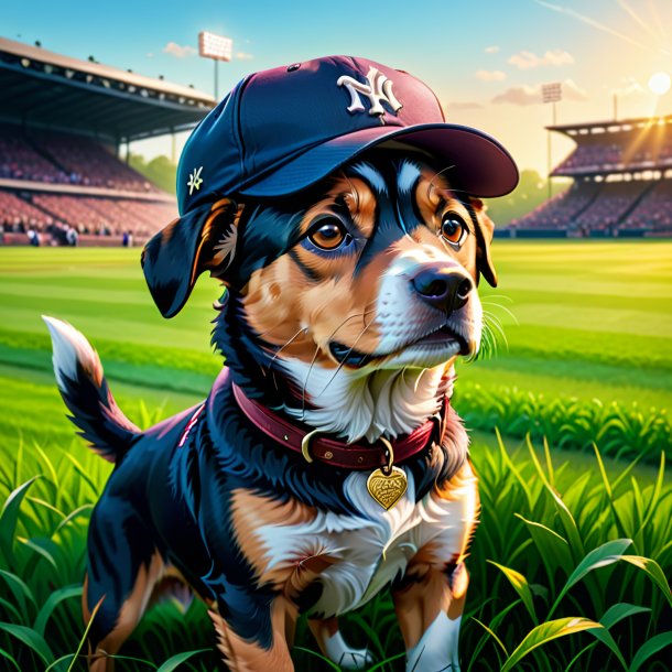 Illustration of a dog in a cap on the field