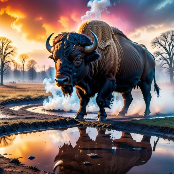 Photo of a smoking of a buffalo in the puddle