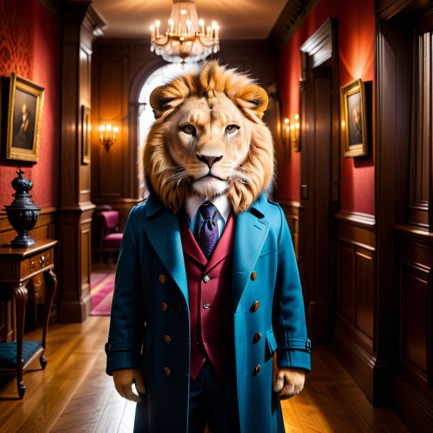 Photo of a lion in a coat in the house