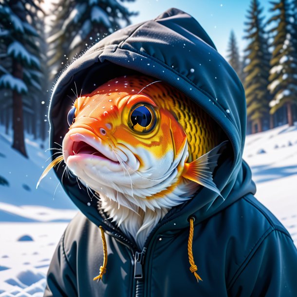 Foto de un pez en una sudadera con capucha en la nieve