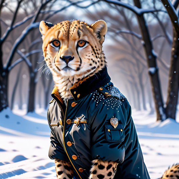 Photo of a cheetah in a jacket in the snow