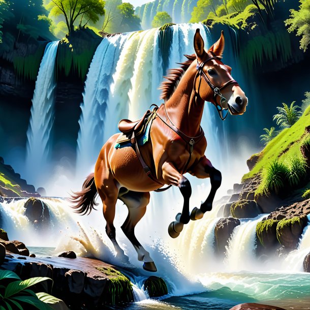 Image of a jumping of a mule in the waterfall