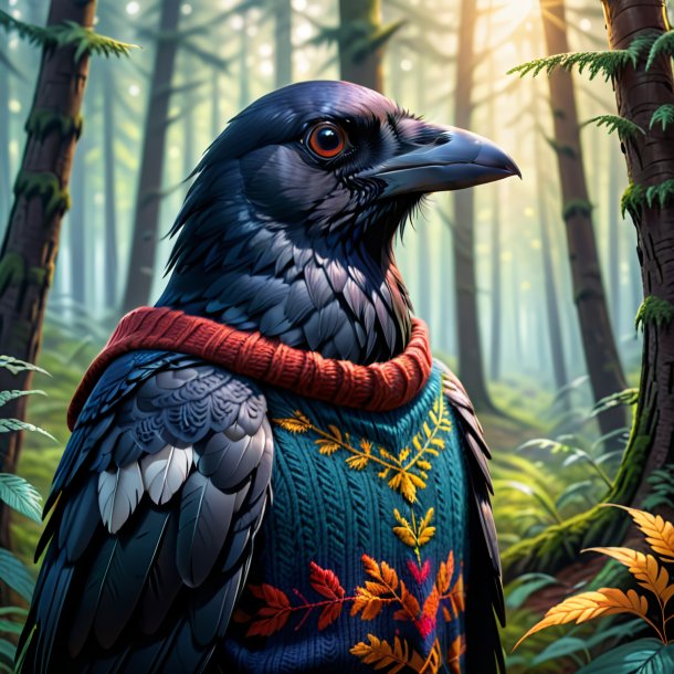 Drawing of a crow in a sweater in the forest