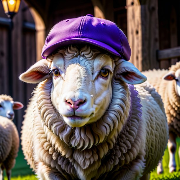 Foto de una oveja en un gorro púrpura