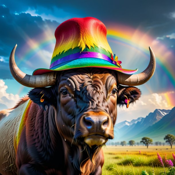 Photo of a buffalo in a hat on the rainbow