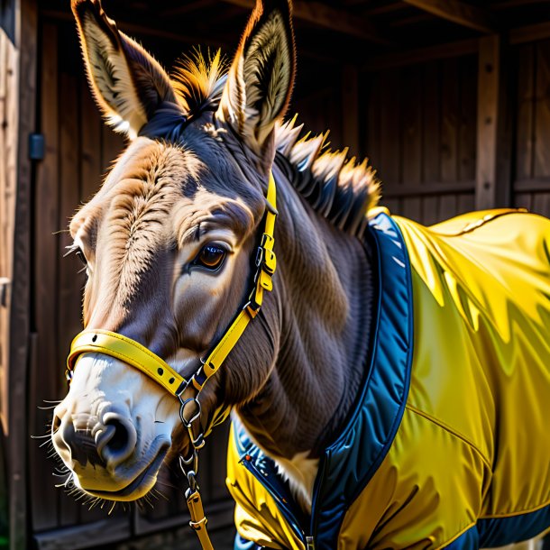 Image of a donkey in a yellow jacket