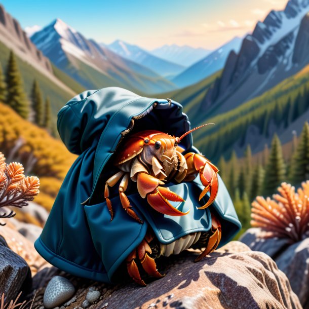 Illustration of a hermit crab in a coat in the mountains