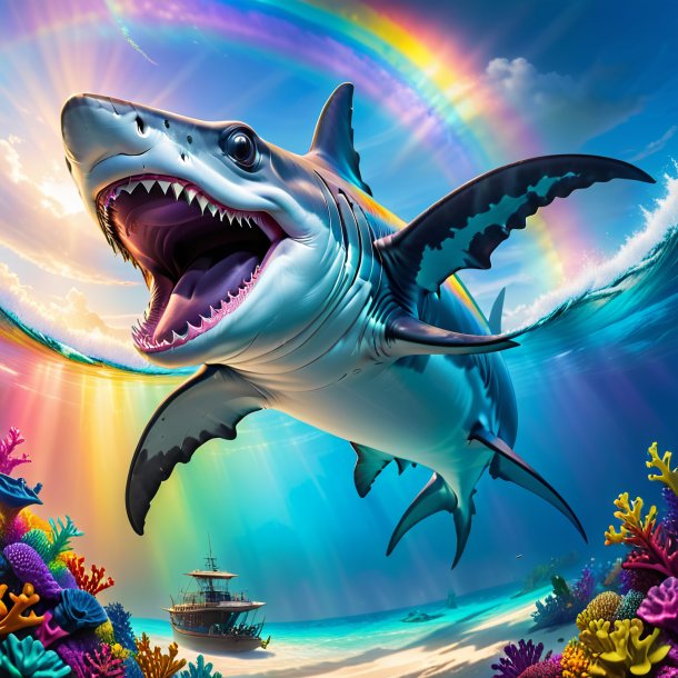 Image of a smiling of a hammerhead shark on the rainbow