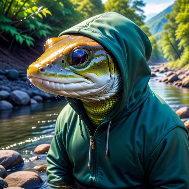 Foto de una anguila en una sudadera con capucha en el río