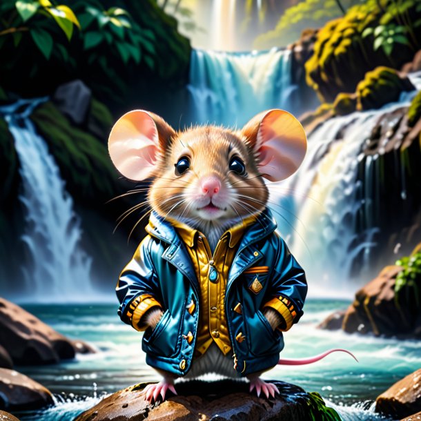 Pic of a mouse in a jacket in the waterfall