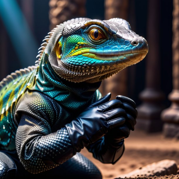 Photo of a monitor lizard in a black gloves