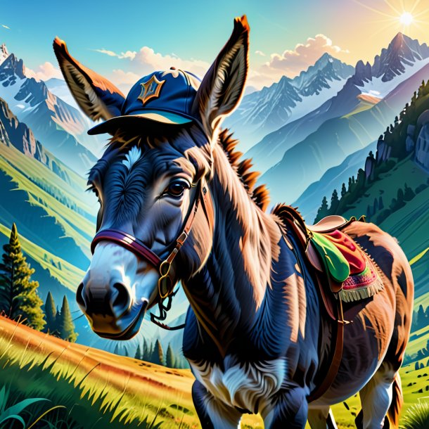 Illustration of a donkey in a cap in the mountains