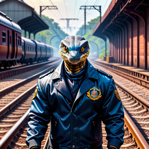 Drawing of a cobra in a jacket on the railway tracks