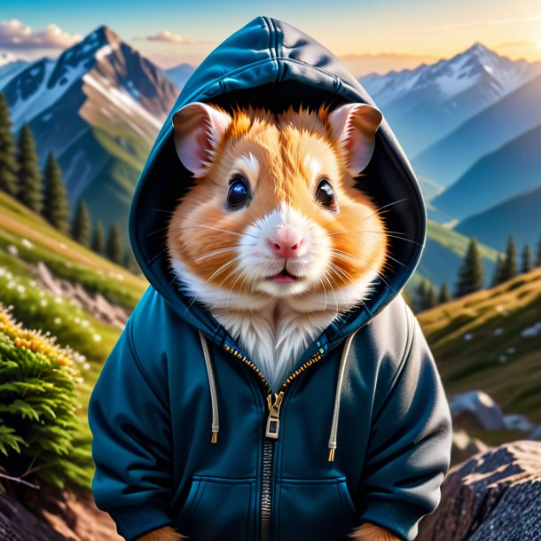 Image of a hamster in a hoodie in the mountains