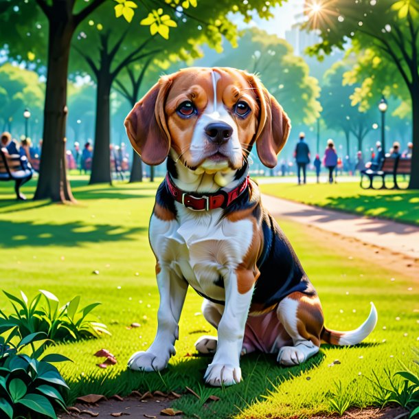 Pic of a beagle in a shoes in the park