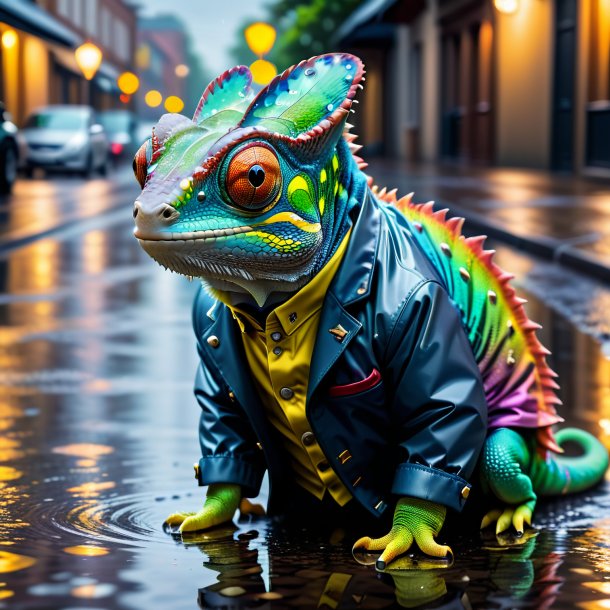 Foto de un camaleón en una chaqueta en el charco