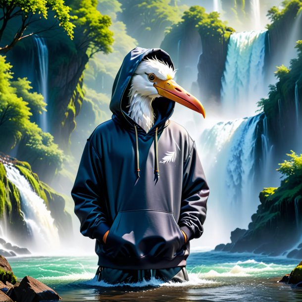 Image of a stork in a hoodie in the waterfall