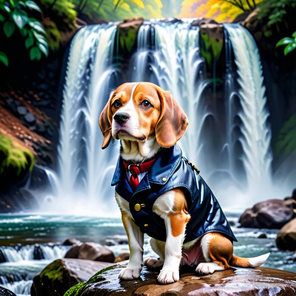 Pic of a beagle in a coat in the waterfall