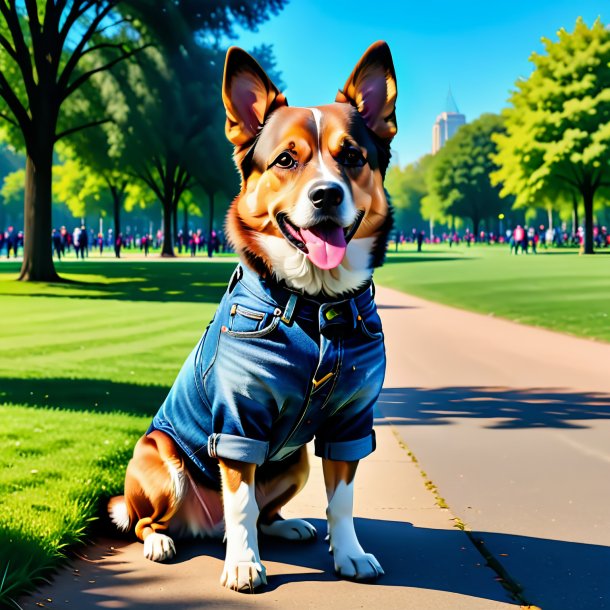 Photo of a dog in a jeans in the park