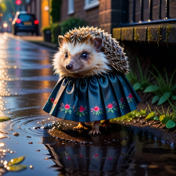 Photo of a hedgehog in a skirt in the puddle