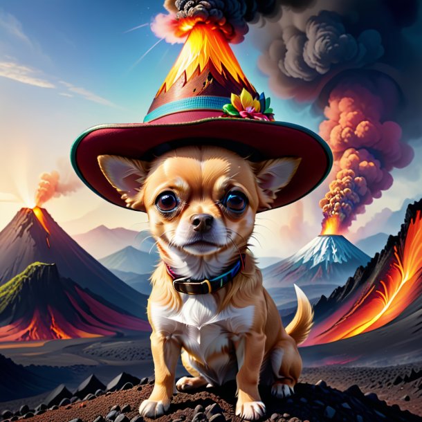 Drawing of a chihuahua in a hat in the volcano