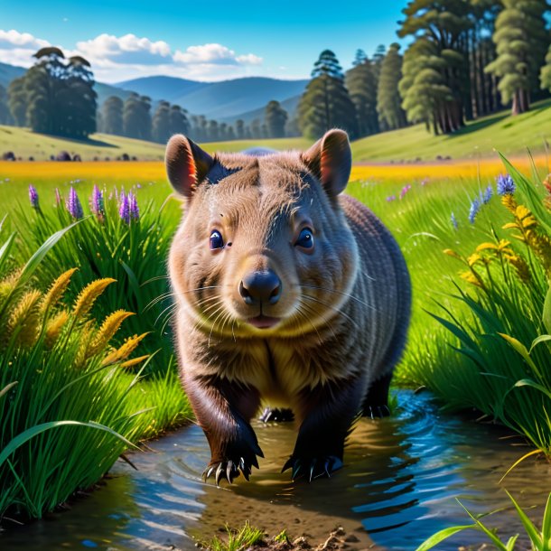 Pic of a swimming of a wombat in the meadow