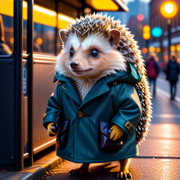 Pic of a hedgehog in a coat on the bus stop