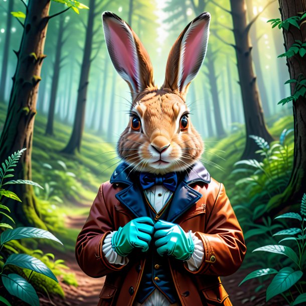 Drawing of a hare in a gloves in the forest