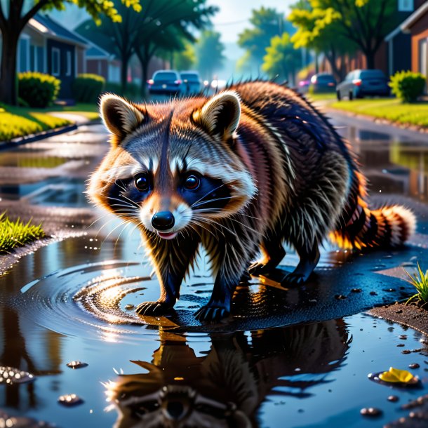 Image of a crying of a raccoon in the puddle