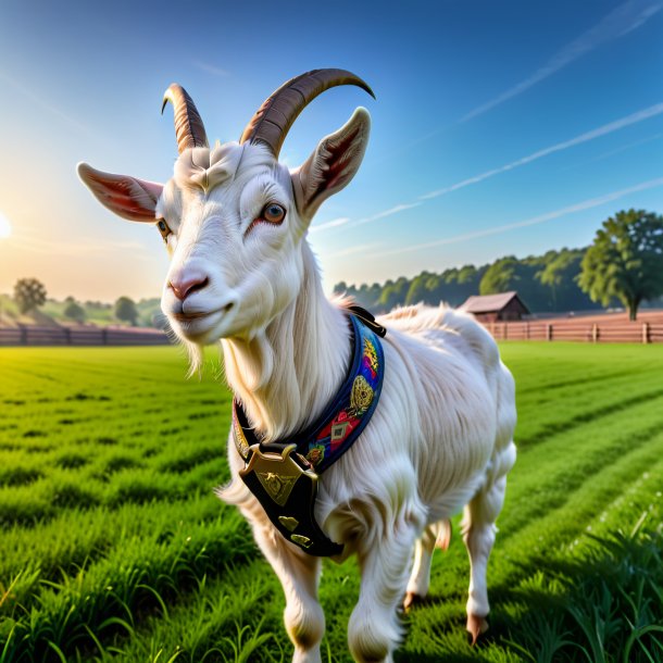 Pic of a goat in a belt on the field