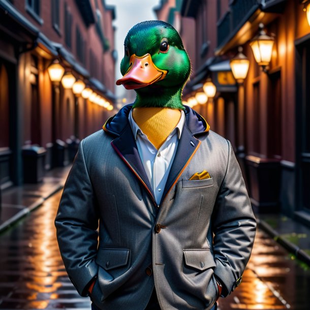 Picture of a duck in a gray jacket