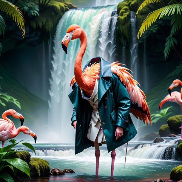 Photo of a flamingo in a coat in the waterfall