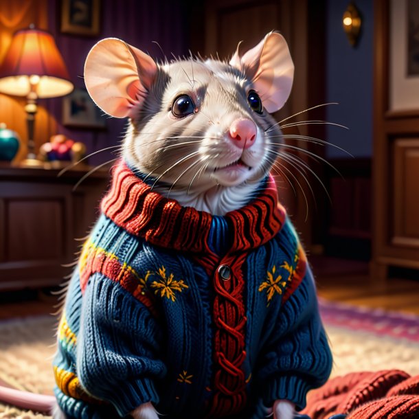 Drawing of a rat in a sweater in the house