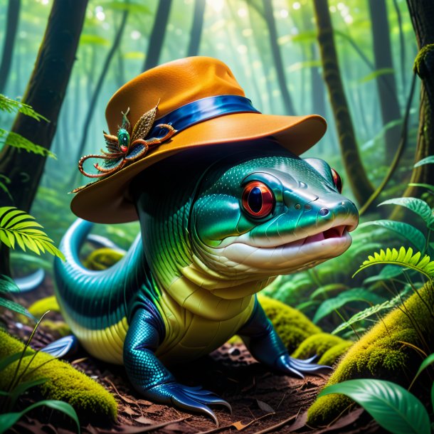 Image of a eel in a hat in the forest