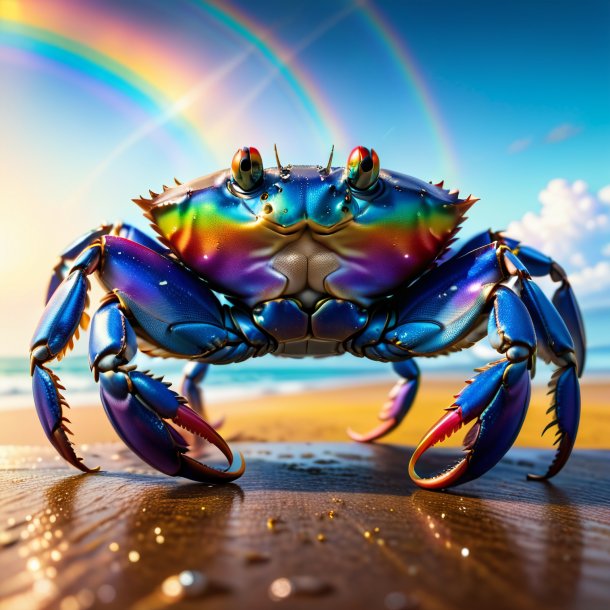 Foto de un cangrejo en un jeans en el arco iris