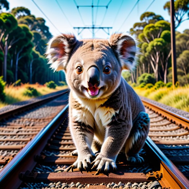 Foto de un enojado de un koala en las vías del tren