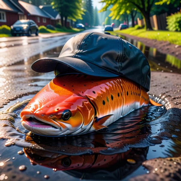 Photo of a salmon in a cap in the puddle