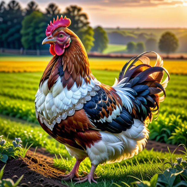 Uma galinha em um vestido no campo