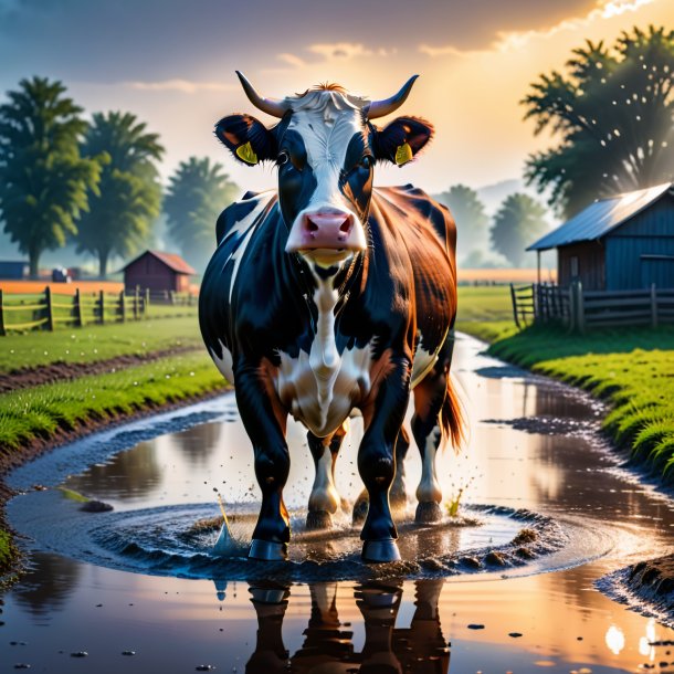 Photo of a dancing of a cow in the puddle