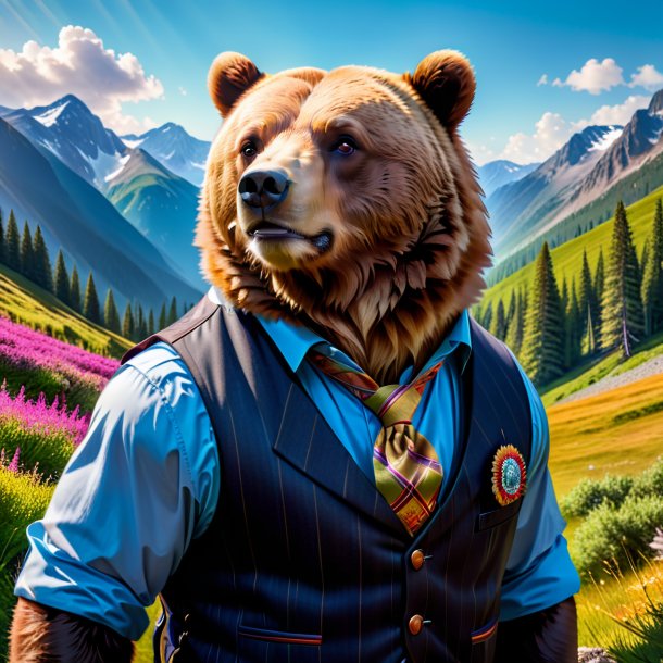 Pic of a bear in a vest in the mountains