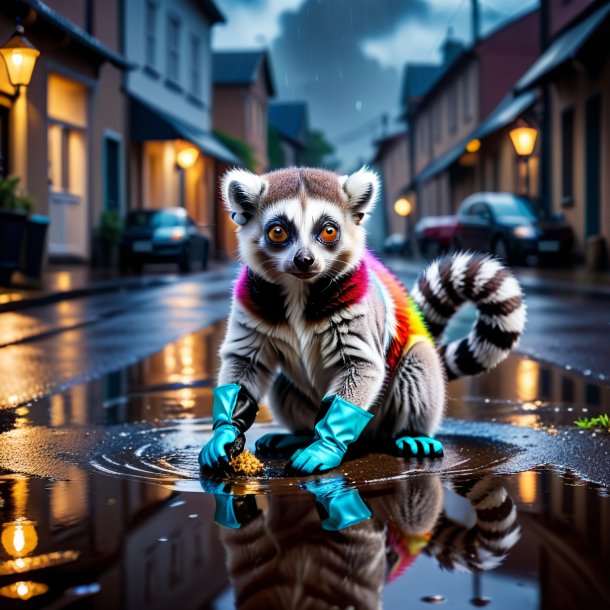 Image of a lemur in a gloves in the puddle