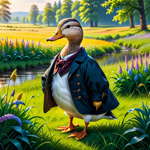 Illustration of a duck in a coat in the meadow