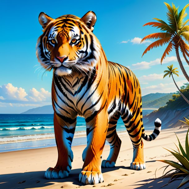 Desenho de um tigre em uma calça na praia