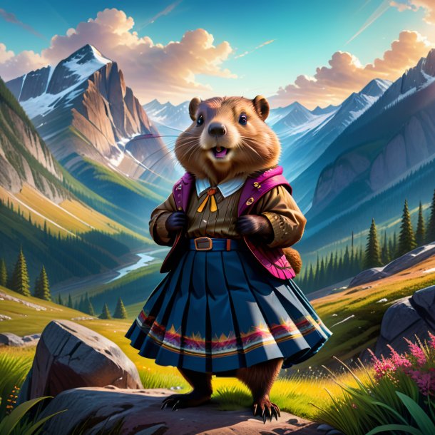 Illustration of a beaver in a skirt in the mountains