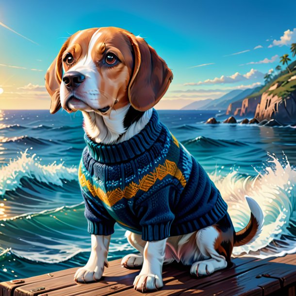 Ilustración de un beagle en un suéter en el mar